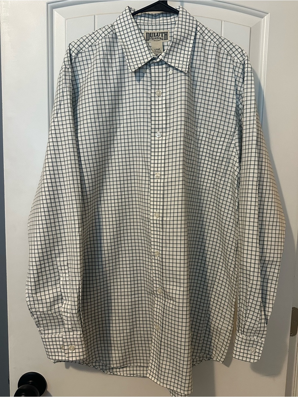 Duluth Trading Co Shirt Mens L Tall White Green Plaid Button Up Cotton 3453